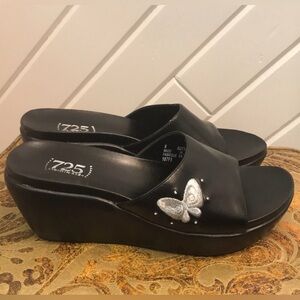 Black Wedge Sandals with Butterfly Detail